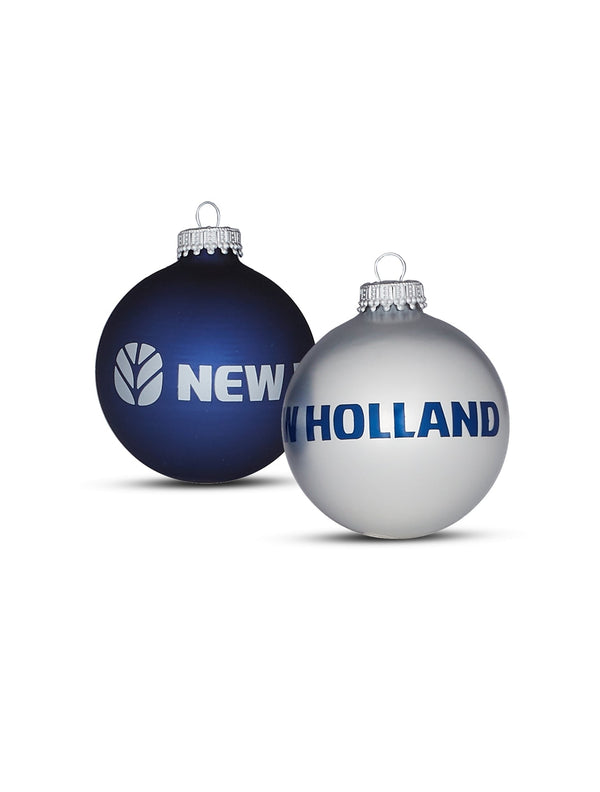 New Holland julekugle sølv & blå i glas 2 stk
